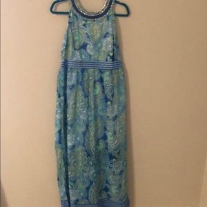 Turquoise and navy Paisley print long dress